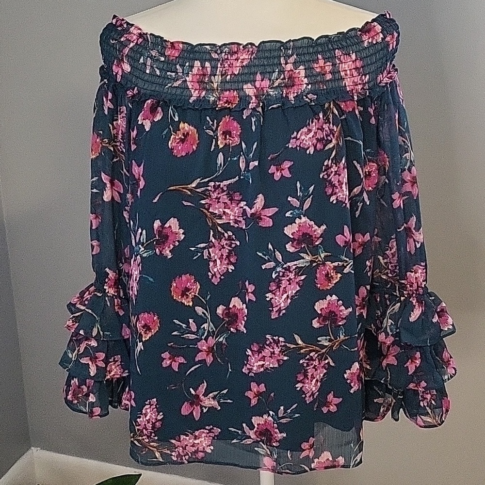 CeCe Floral On or Off The Shoulder Lined Sheer Sleeve Teal Pink Floral Top Sz S
